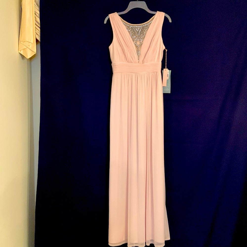 Melrose bridal, blush colored long special occasion dress with rhinestone detail